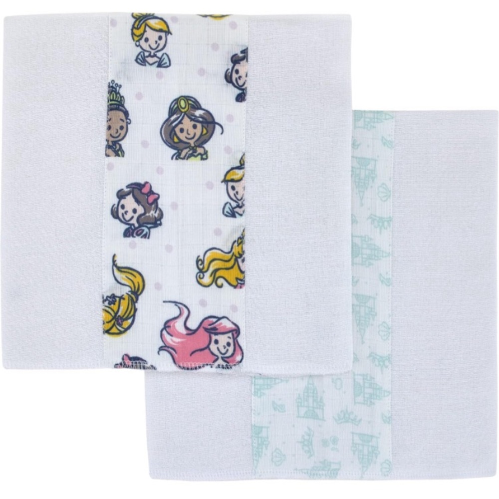 Disney Princess White, Pink, Yellow, and Aqua 2Pk 100% Cotton Muslin Burp Cloths